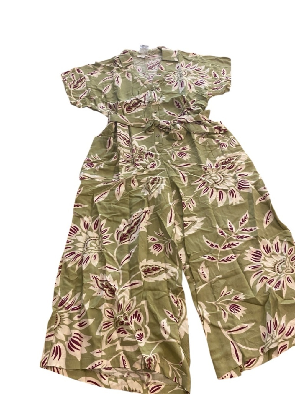 Easel Women’s Jumpsuit Cropped Short Sleeve Sage Green Print Belt Pockets new S